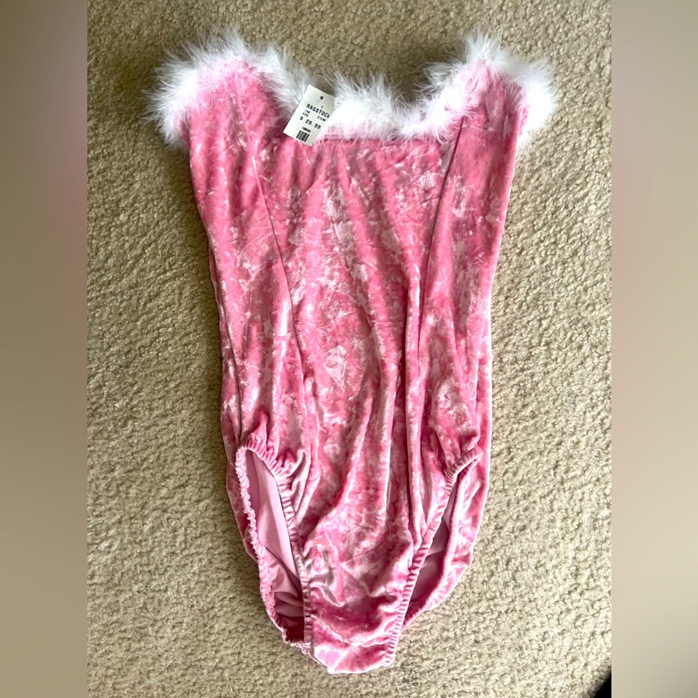 NWT - Pink velvet strapless bodysuit w/ white fur size L